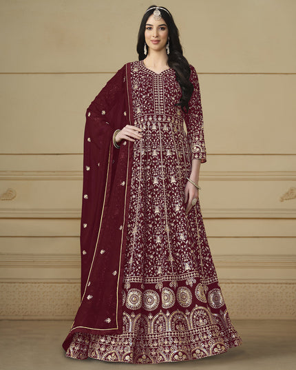 Maroon Faux Georgette Embroidered Anarkali Suit