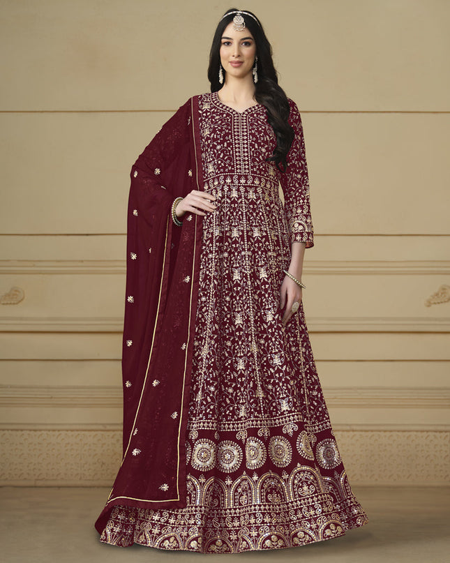 Maroon Faux Georgette Embroidered Anarkali Suit