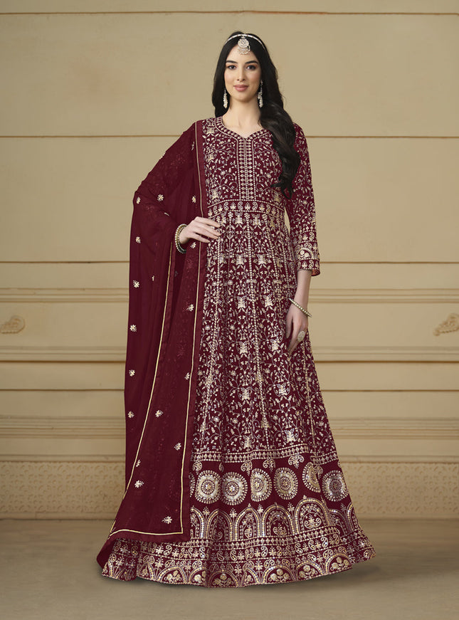 Maroon Faux Georgette Embroidered Anarkali Suit