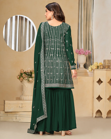Bottle Green Faux Georgette Embroidered Sharara Kameez