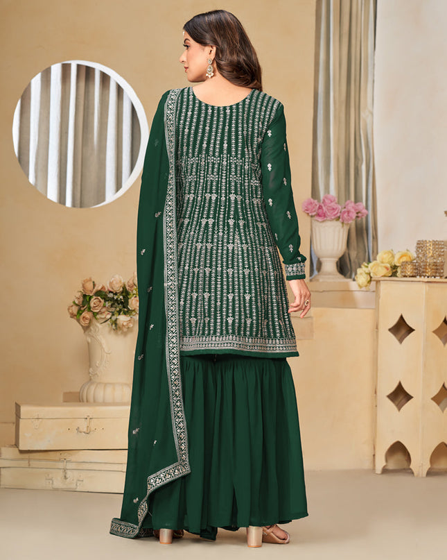 Bottle Green Faux Georgette Embroidered Sharara Kameez