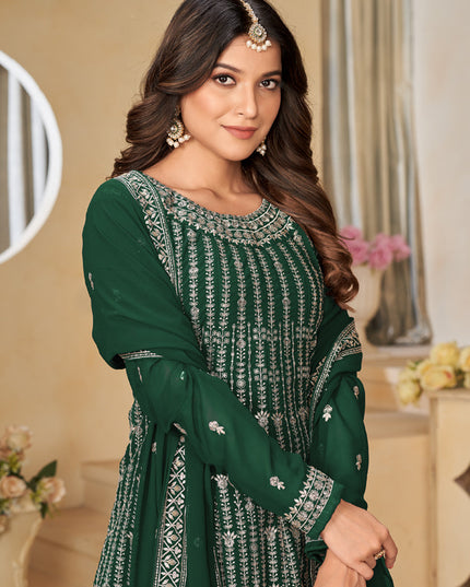 Bottle Green Faux Georgette Embroidered Sharara Kameez