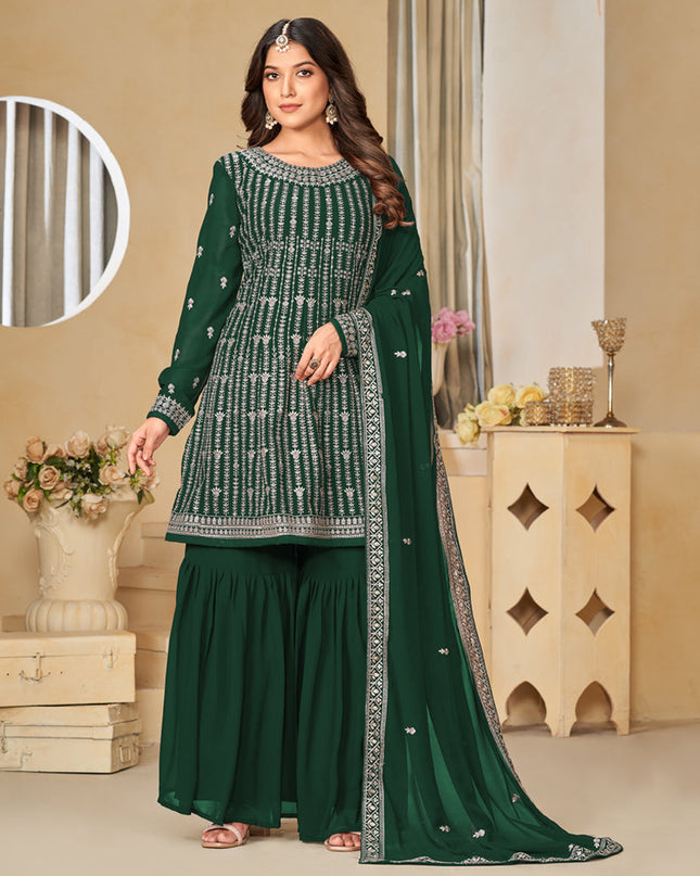 Bottle Green Faux Georgette Embroidered Sharara Kameez