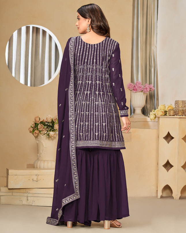 Burgundy Faux Georgette Embroidered Sharara Kameez