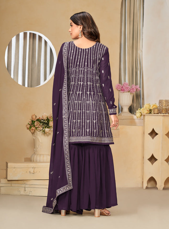 Burgundy Faux Georgette Embroidered Sharara Kameez