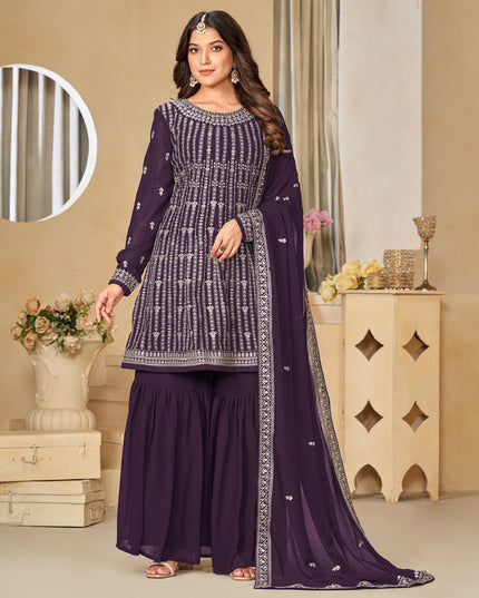 Burgundy Faux Georgette Embroidered Sharara Kameez