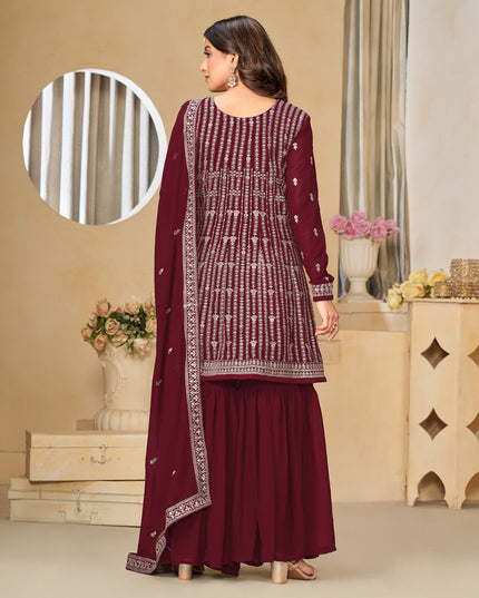 Maroon Faux Georgette Embroidered Sharara Kameez