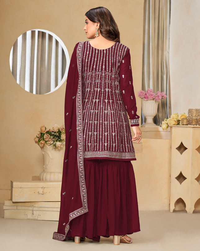 Maroon Faux Georgette Embroidered Sharara Kameez