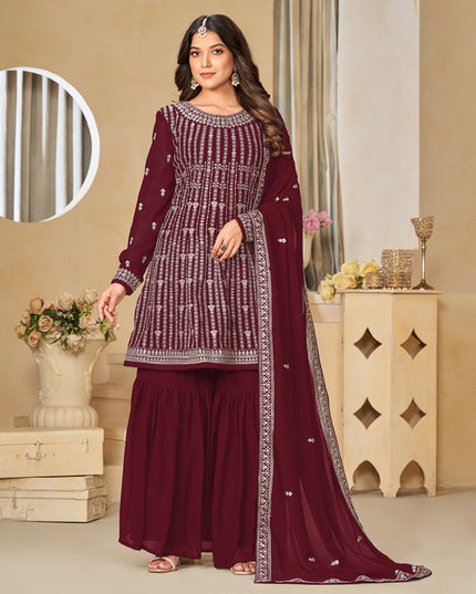 Maroon Faux Georgette Embroidered Sharara Kameez
