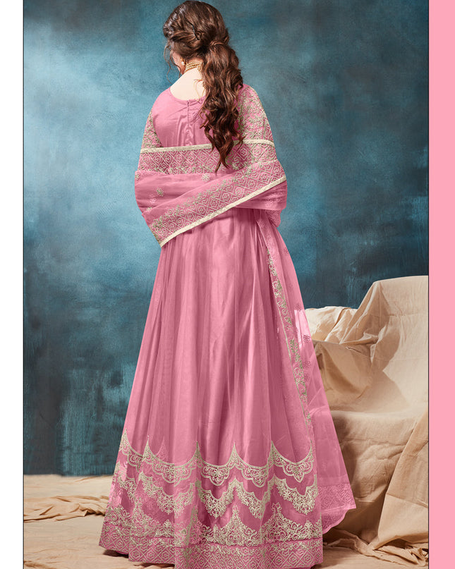 Lilac Pink Net Embroidered Anarkali Suit