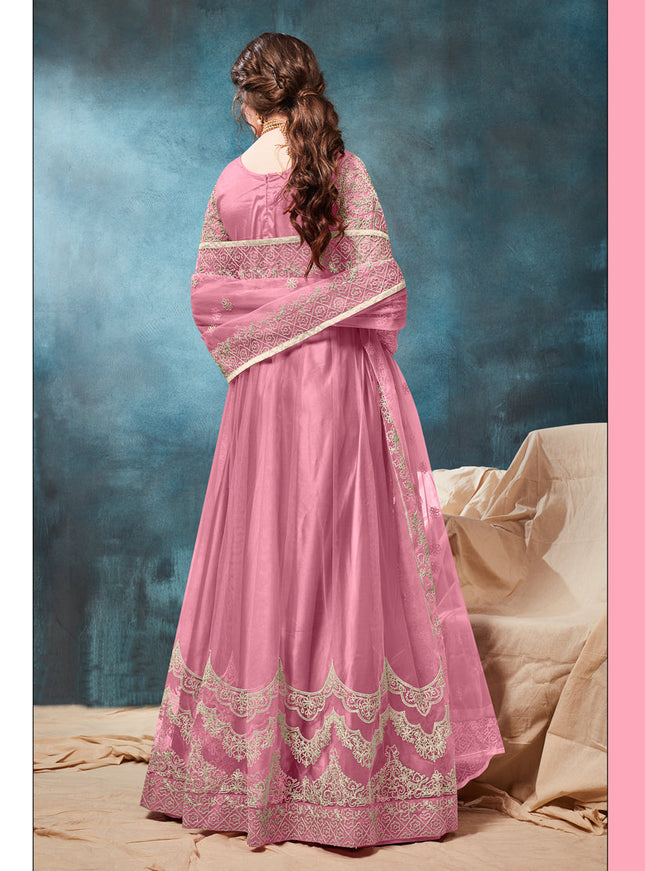 Lilac Pink Net Embroidered Anarkali Suit