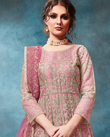 Lilac Pink Net Embroidered Anarkali Suit