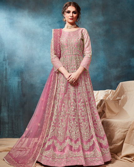 Lilac Pink Net Embroidered Anarkali Suit
