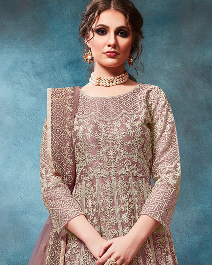 Mauve Net Embroidered Anarkali Suit