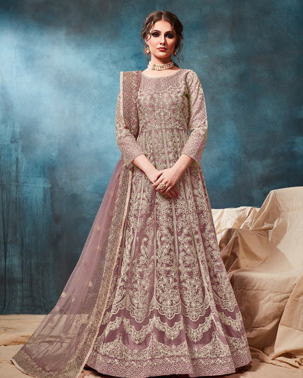 Mauve Net Embroidered Anarkali Suit
