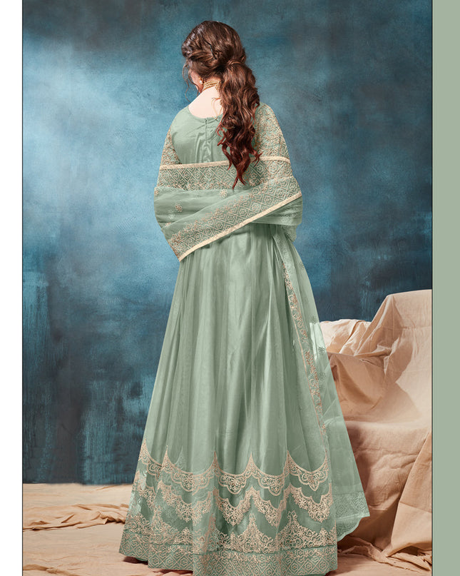 Teal Mint Net Embroidered Anarkali Suit