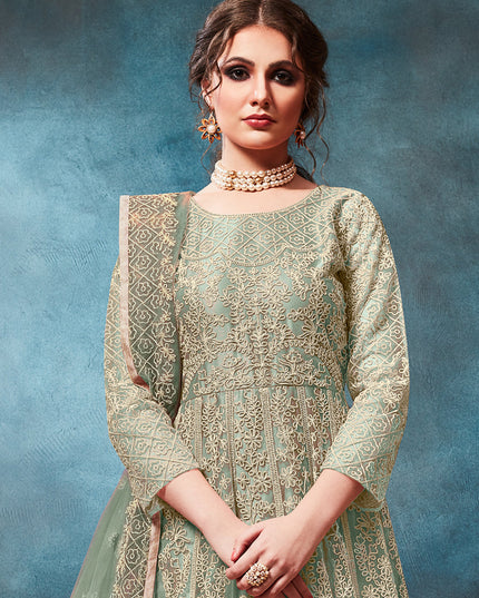 Teal Mint Net Embroidered Anarkali Suit