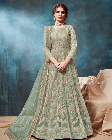 Teal Mint Net Embroidered Anarkali Suit