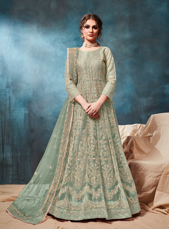 Teal Mint Net Embroidered Anarkali Suit