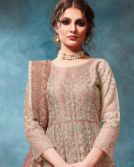 Old Rose Net Embroidered Anarkali Suit