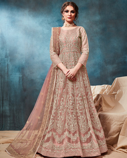 Old Rose Net Embroidered Anarkali Suit