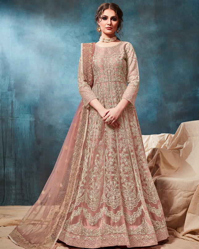 Old Rose Net Embroidered Anarkali Suit