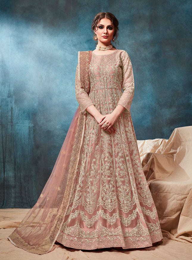 Old Rose Net Embroidered Anarkali Suit