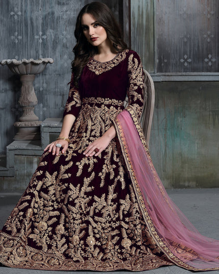 Burgundy Velvet Embroidered Anarkali Suit
