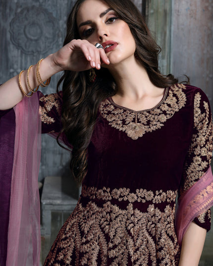 Burgundy Velvet Embroidered Anarkali Suit
