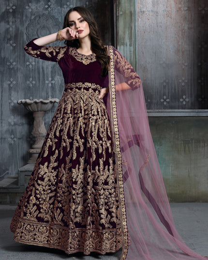 Burgundy Velvet Embroidered Anarkali Suit