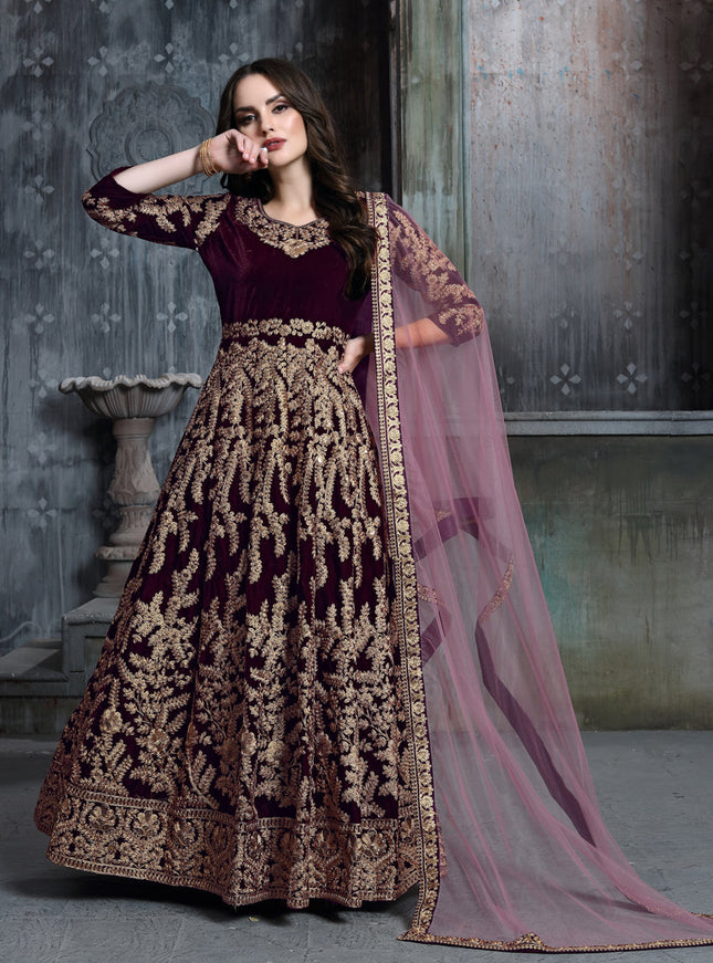 Burgundy Velvet Embroidered Anarkali Suit