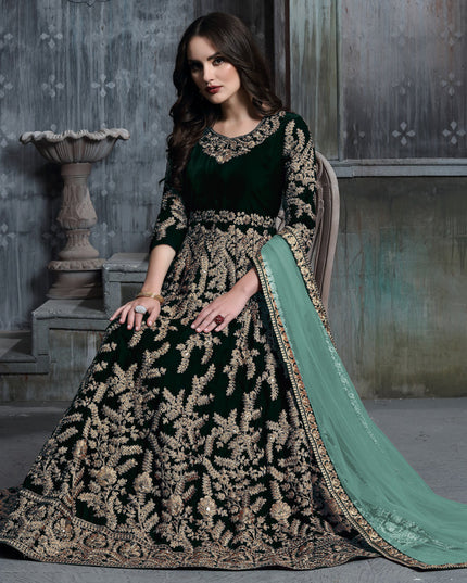 Pine Green Velvet Embroidered Anarkali Suit