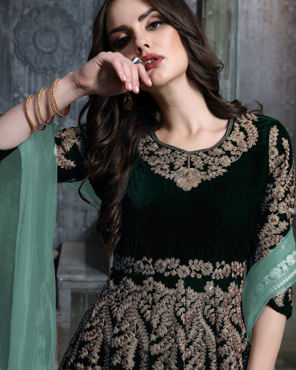 Pine Green Velvet Embroidered Anarkali Suit