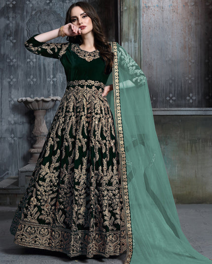 Pine Green Velvet Embroidered Anarkali Suit