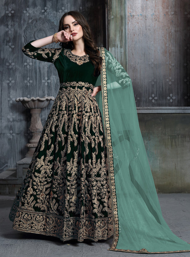 Pine Green Velvet Embroidered Anarkali Suit