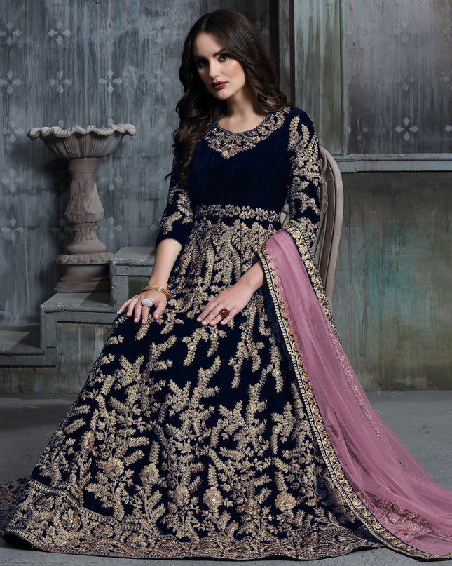 Navy Blue Velvet Embroidered Anarkali Suit