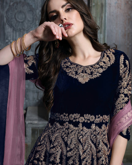 Navy Blue Velvet Embroidered Anarkali Suit