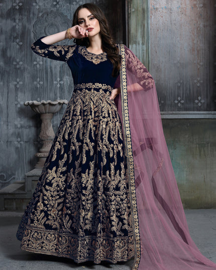 Navy Blue Velvet Embroidered Anarkali Suit