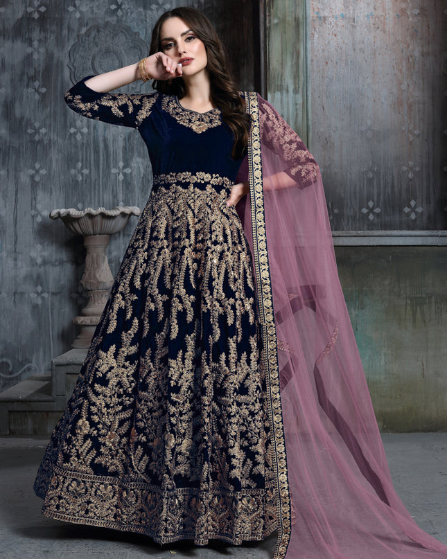Navy Blue Velvet Embroidered Anarkali Suit
