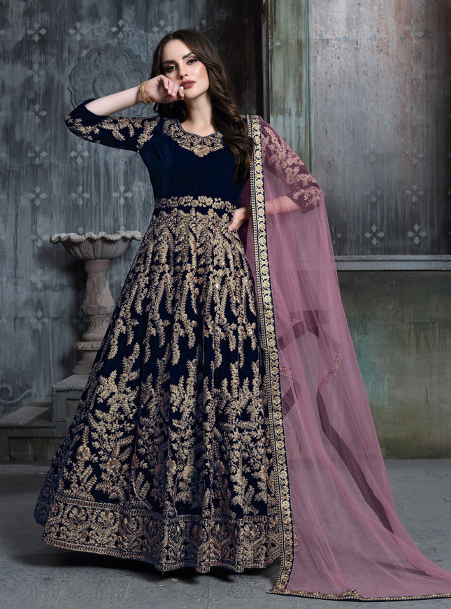 Navy Blue Velvet Embroidered Anarkali Suit