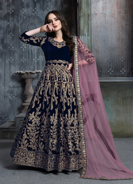 Navy Blue Velvet Embroidered Anarkali Suit