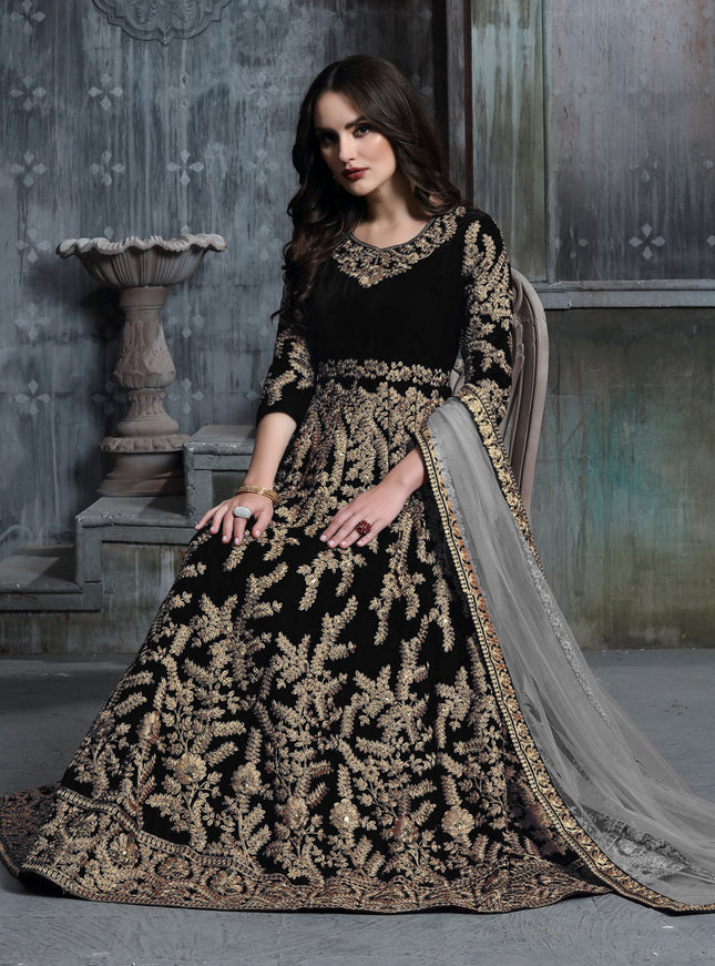 Black Velvet Embroidered Anarkali Suit