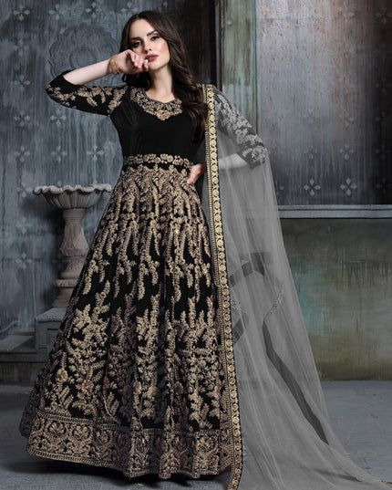Black Velvet Embroidered Anarkali Suit