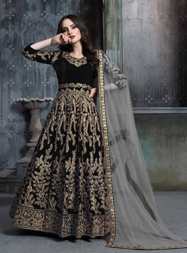 Black Velvet Embroidered Anarkali Suit