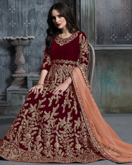 Rust Red Velvet Embroidered Anarkali Suit