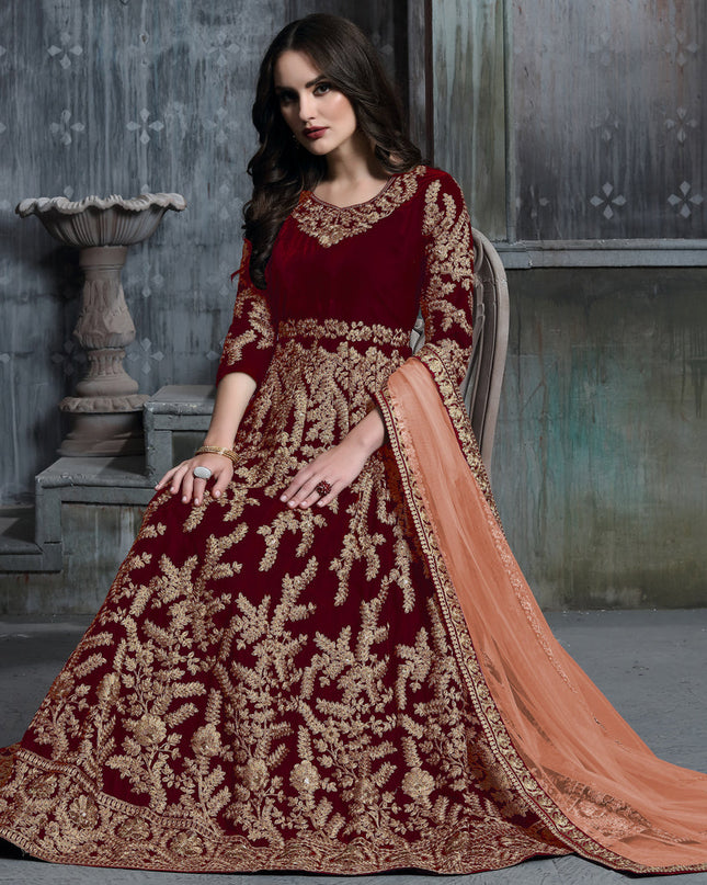 Rust Red Velvet Embroidered Anarkali Suit