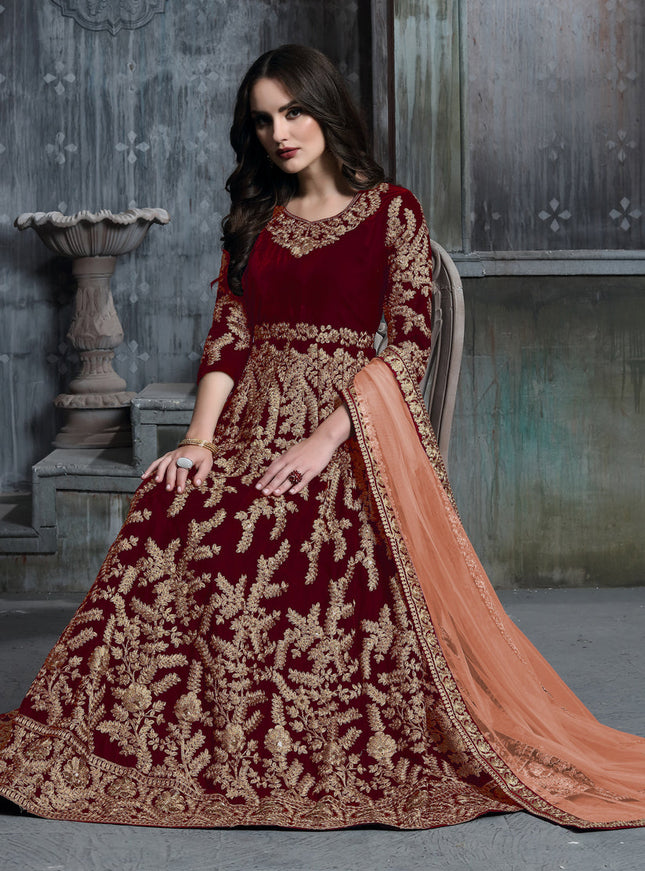 Rust Red Velvet Embroidered Anarkali Suit