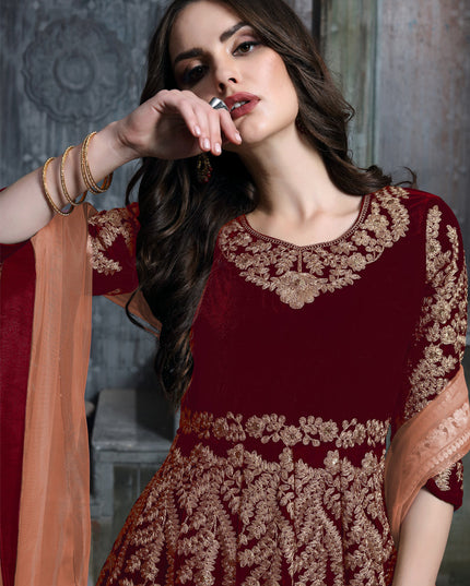 Rust Red Velvet Embroidered Anarkali Suit