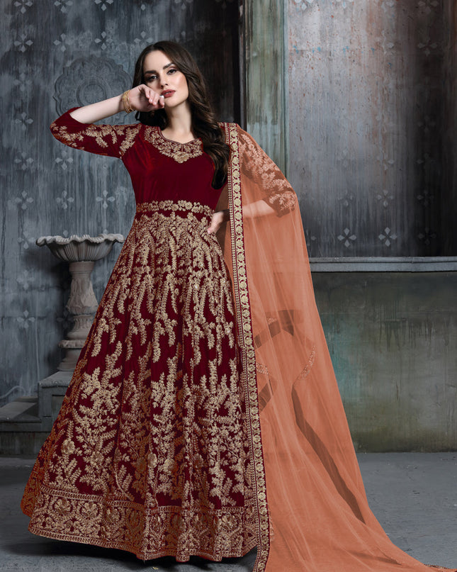 Rust Red Velvet Embroidered Anarkali Suit