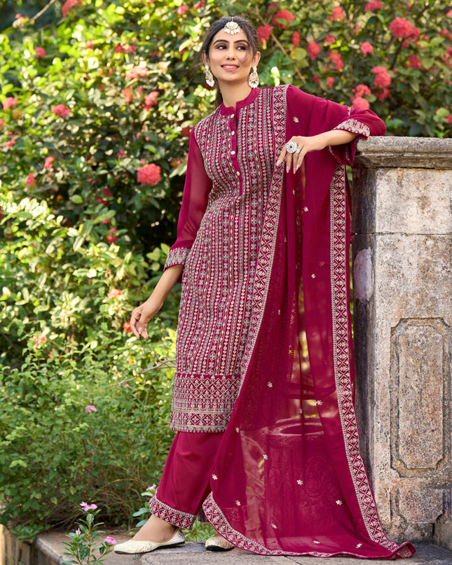Magenta Silk Embroidered Trouser Kameez